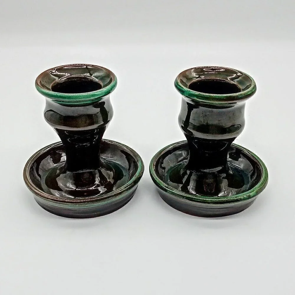 Green Glazed Red Clay Pottery Candle Holders (2)